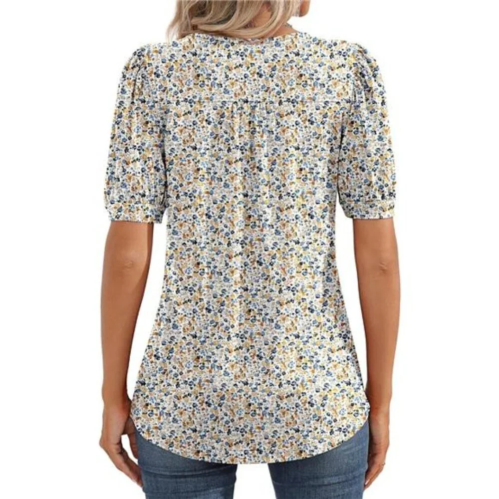 Women's Puff Short Sleeve Tunic Tops Pleated Crew Neck Blouses Casual Loose - Picture 2 of 7